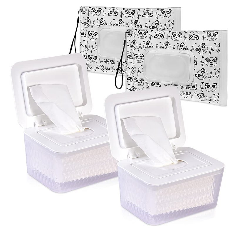 Umtiti Wipes Dispenser & Wipes Pouch/Tissue Bag, Wipes/Tissue Case with Moisture Seal Secure Lid, Non-Slip Rubber Feet & Sealing Design Keeps Wipes Fresh, Dustproof Wipes Container(2WH+2Panda) - Image 1
